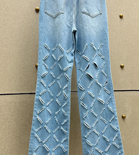 Hollow Out Jeans For Women High Waist Patchwork Button Loose Casual Temperament Solid Wide Leg Pants Female Fashion