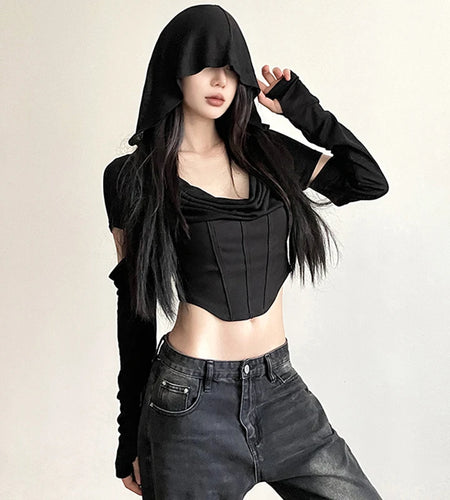 y2k Crop Top Women Punk Gothic Clothes Solid Color Long Sleeve Hooded T Shirt with Thumbhole Wasteland Tee Streetwear