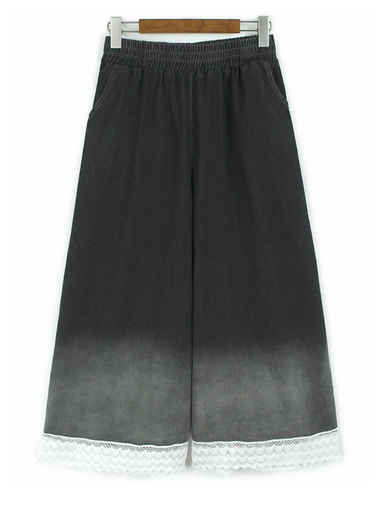 High Waist Blue Gradual Color Lace Hem Denim Wide Leg Jeans New Women Trousers Fashion Tide Spring Autumn 2025 1DJ1189