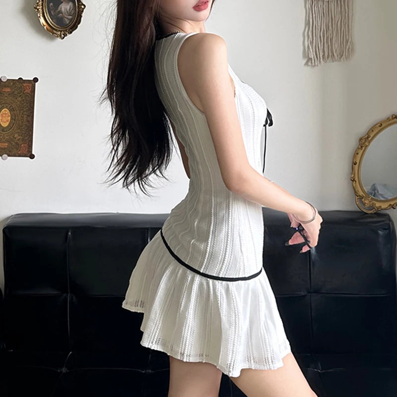 Summer Sleeveless White Women Dress Mini Tie-Up Stitching Sundress Korean Fashion Sweet Girls A-Line Dresses Outfits