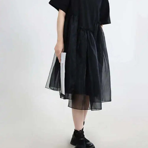 Load image into Gallery viewer, Women Black Organza Big Size Casual Dress New Round Neck Short Sleeve Loose Fit Fashion Tide Spring Summer 2025 1DF5074
