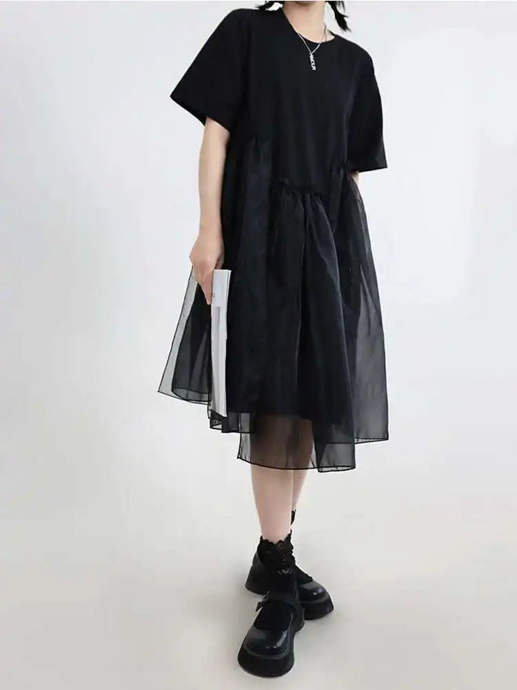 Women Black Organza Big Size Casual Dress New Round Neck Short Sleeve Loose Fit Fashion Tide Spring Summer 2025 1DF5074