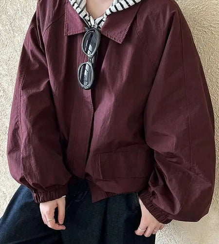 Wine Red Pocket Big Size Casual Thin Jacket New Lapel Long Sleeve Women Coat Fashion Tide Spring Autumn 2025 1DH7292