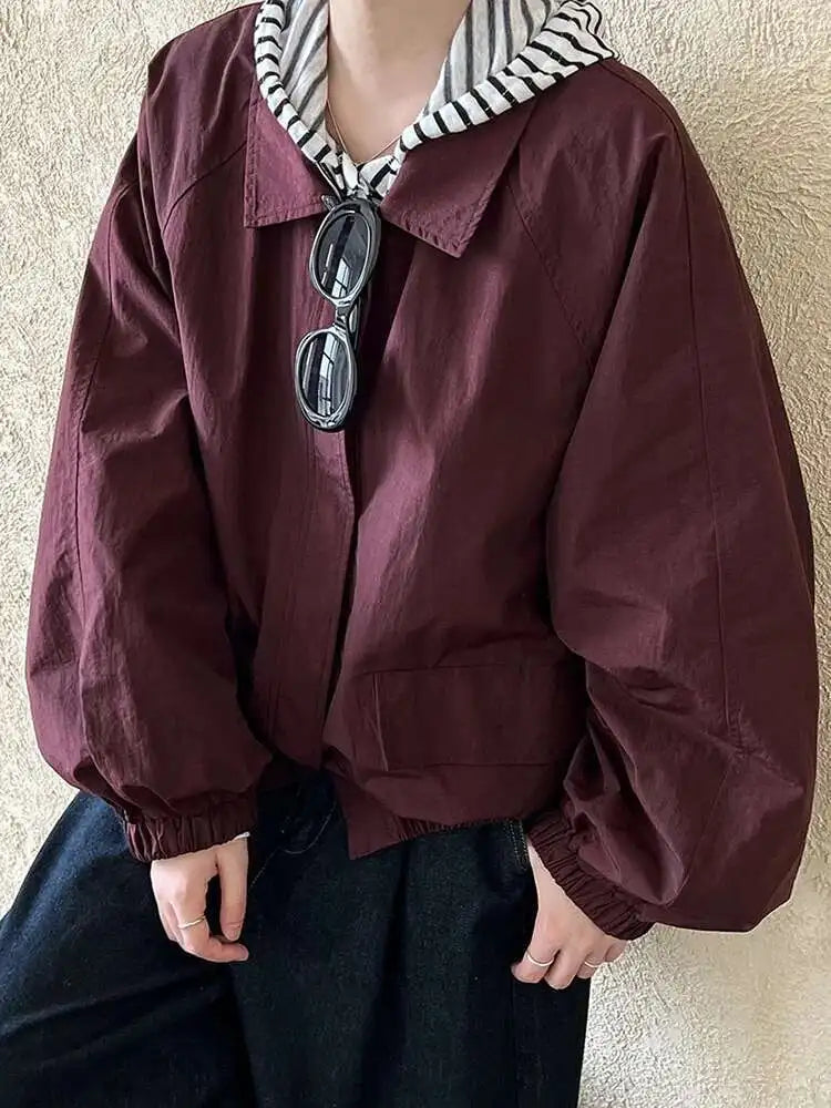 Wine Red Pocket Big Size Casual Thin Jacket New Lapel Long Sleeve Women Coat Fashion Tide Spring Autumn 2025 1DH7292