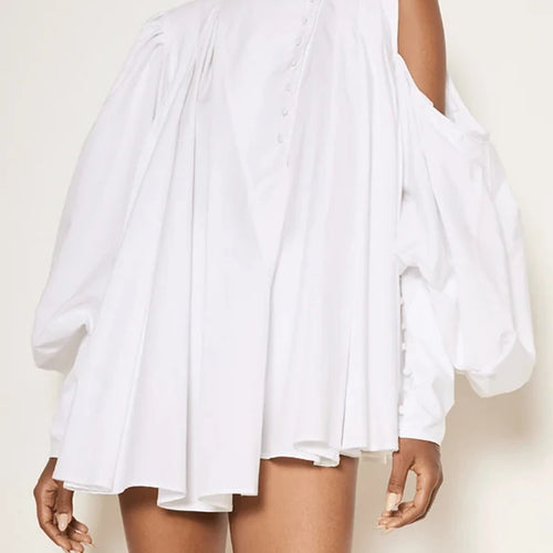 Load image into Gallery viewer, Cotton Women Tops and Blouses Summer Fall High Neck Casual OverSize Puff Sleeves Buttoned Streetwear Shirts Female
