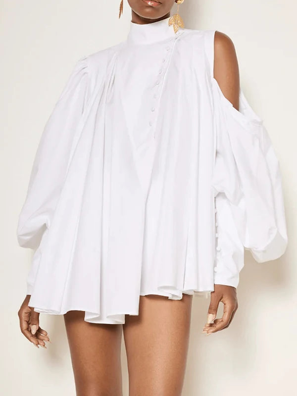 Cotton Women Tops and Blouses Summer Fall High Neck Casual OverSize Puff Sleeves Buttoned Streetwear Shirts Female