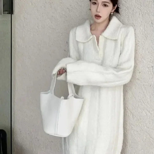 Load image into Gallery viewer, Autumn Winter Warm Knitted Sweater White Mini Dress Women Vintage Elegant Long Sleeve Short Dresses Y2k Female
