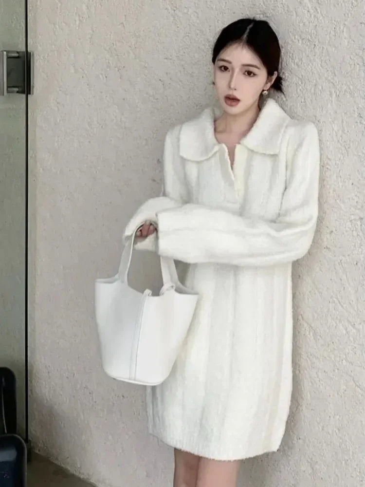 Autumn Winter Warm Knitted Sweater White Mini Dress Women Vintage Elegant Long Sleeve Short Dresses Y2k Female