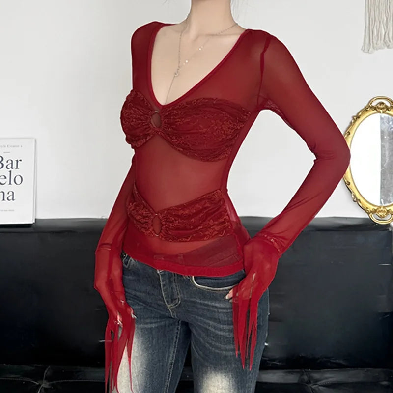 Fairy Coquette Top y2k Clothes Women Sheer See Through V Neck Flared Long Sleeve Lace T Shirt 2000s Clothing Streetwear