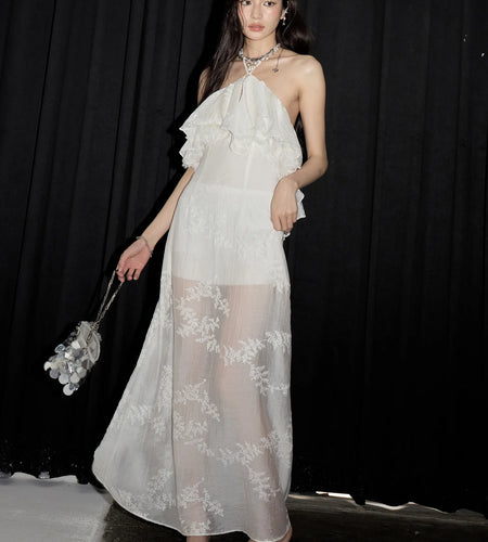 Women White Embroidery Perspective Elegant Long Dress New Halter Sleeveless Fashion Tide Spring Summer 2025 1DJ1448