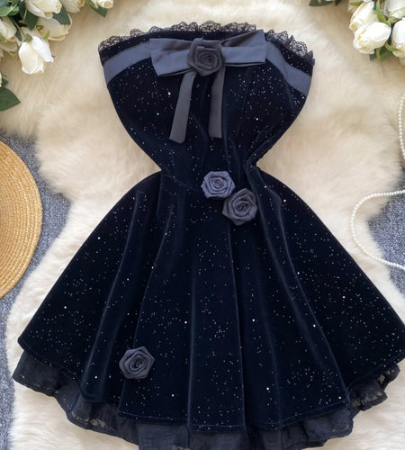 French Women Black Patchwork Bow Backless Birthday Party Strapless Short Dress Summer Red Velvet Flower Decorate Pleated Dresses