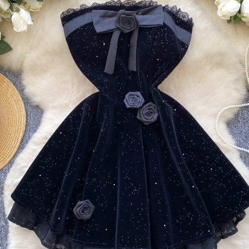 Load image into Gallery viewer, French Women Black Patchwork Bow Backless Birthday Party Strapless Short Dress Summer Red Velvet Flower Decorate Pleated Dresses
