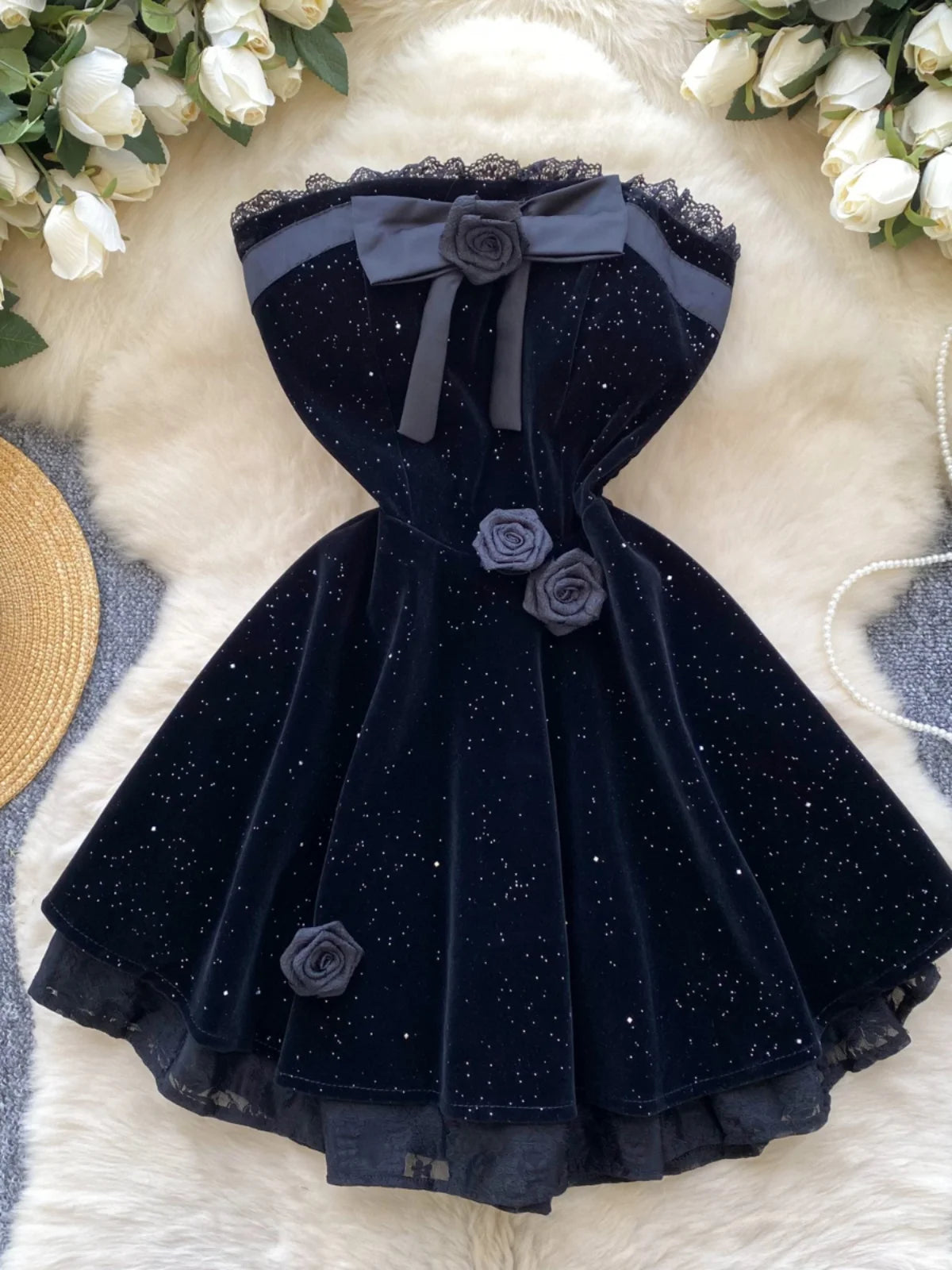 French Women Black Patchwork Bow Backless Birthday Party Strapless Short Dress Summer Red Velvet Flower Decorate Pleated Dresses