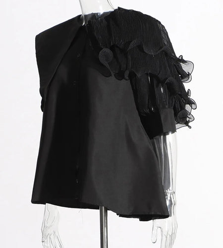 Solid Casual Minimalist Shirts For Women Round Neck Short Sleeves Patchwork Single Breasted Shirt Female Fashion