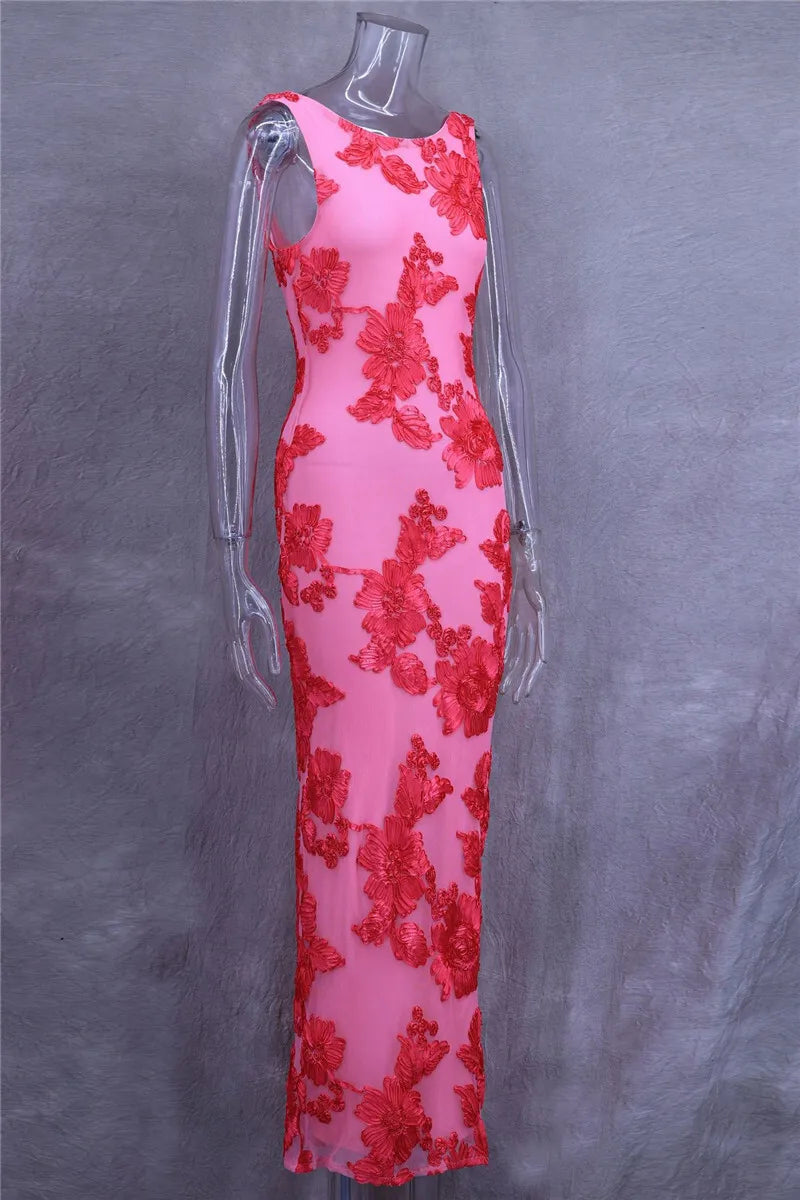 Elegant Floral Print Sexy Maxi Dress For Women Embroidered Applique Tank Dress Femme Bodycon Club Party Long Dress