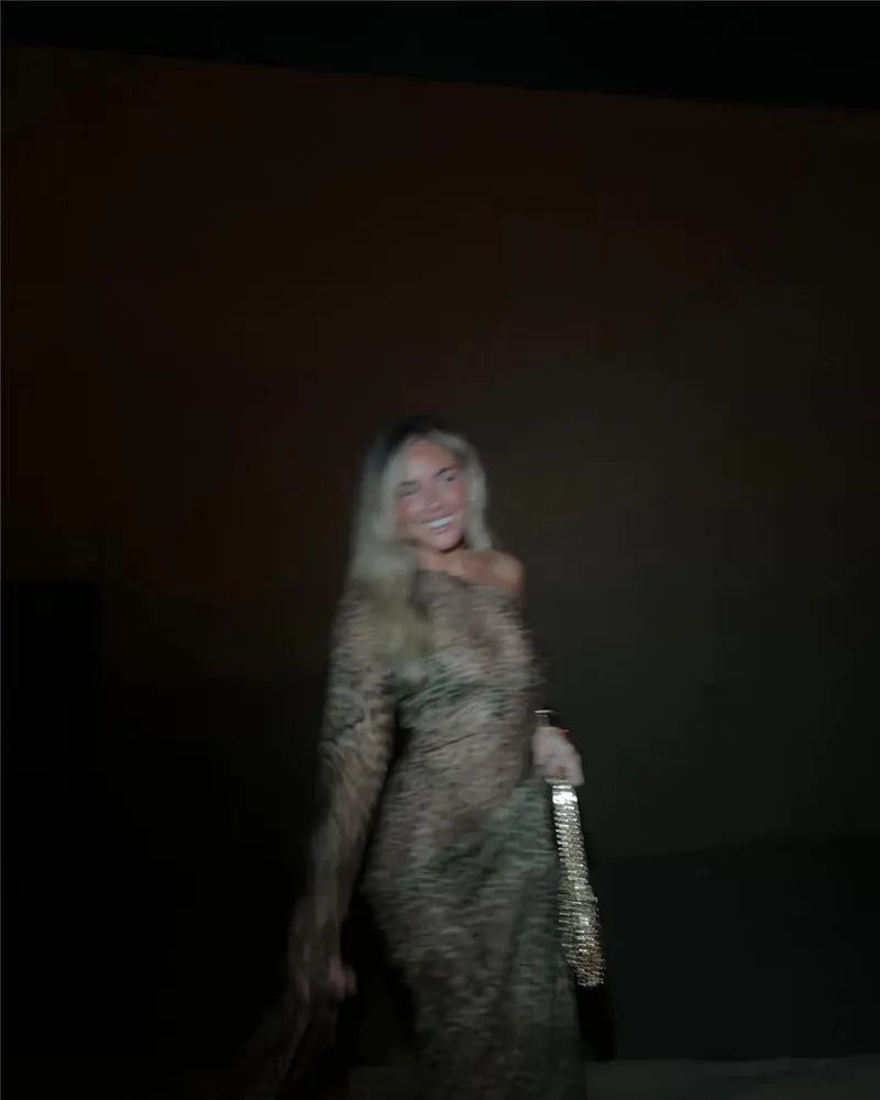 One Shoulder Leopard Print Maxi Dress Women Inclined Shoulder Backless Beach Holiday Vacation Club Sexy Long Dress