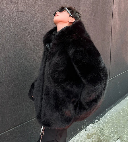 Fashion Men's Faux Fur Jacket Hooded Zipper Warm Coat 2024 Autumn Winter New Fashion Tide Solid Color Jackets 9C9257