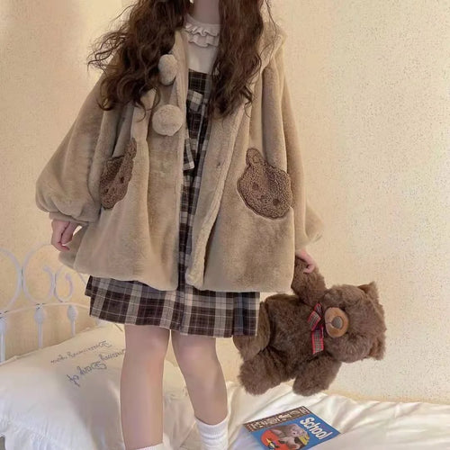 Load image into Gallery viewer, Japanese Style Autumn Winter Women Sweet Lamb Wool Jacket Kawaii Soft Bear Ears Hooded Coats Kawaii Tops Y2k Girls Cute Outwear
