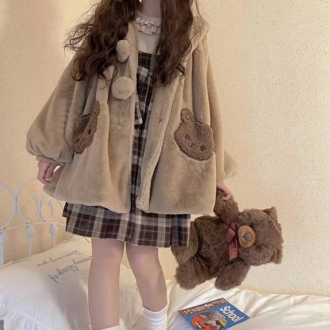 Japanese Style Autumn Winter Women Sweet Lamb Wool Jacket Kawaii Soft Bear Ears Hooded Coats Kawaii Tops Y2k Girls Cute Outwear