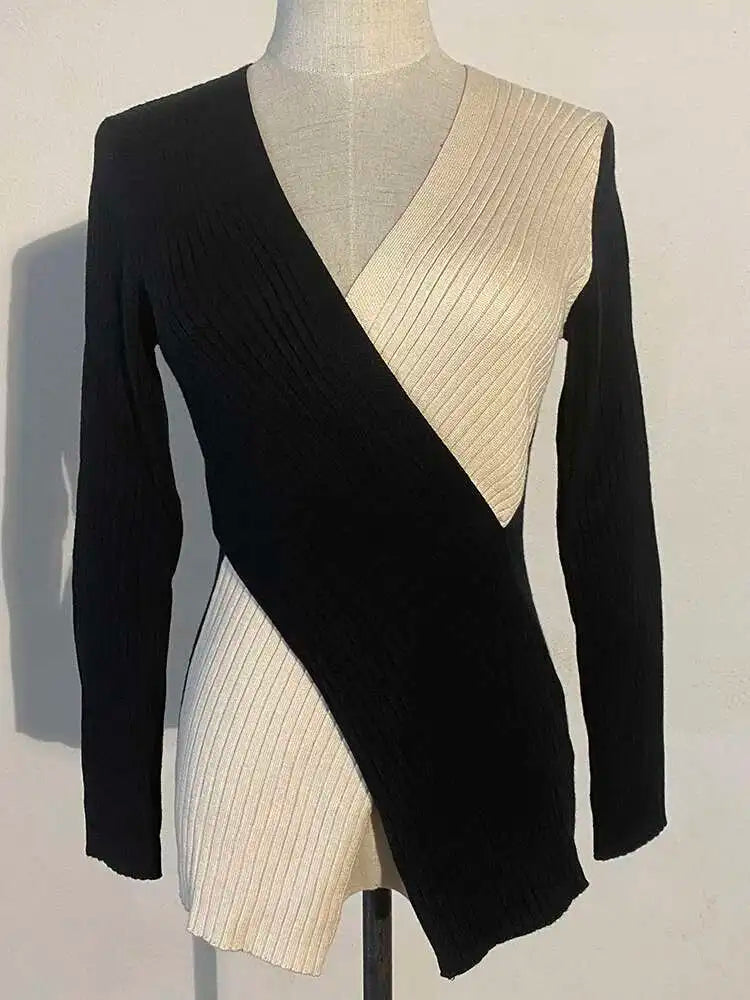 Irregular Color-block Knitting Sweater Fit V-Neck Long Sleeve Women Pullovers New Fashion Tide Autumn Winter 2025 1DE6584