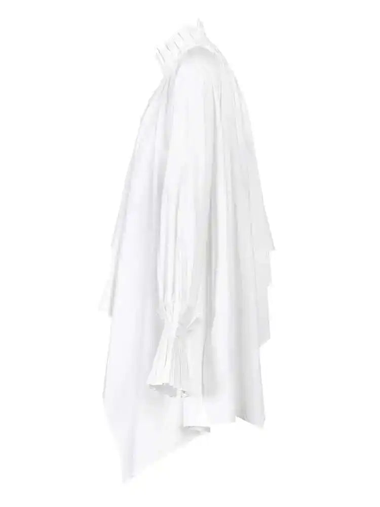 Women White Pleated Big Size Irregular Blouse New Stand Collar Long Sleeve Shirt Fashion Spring Autumn 2025  1DE395100