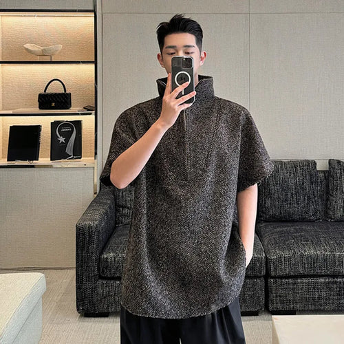 Load image into Gallery viewer, Korean Style Men&#39;s T-shirt Turtleneck Maillard Herringbone Fabric Bat Short Sleeve Zippered Male Top Spring 9C5067
