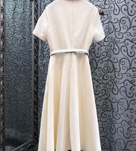 Solid Spliced Bead Casual Dresses for Women Lapel Short Sleeves Tunic Temperament Dress Female Fashion Clothing New