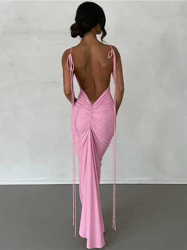 Elegant Sleeveless Summer 2024 New Women Fashion Strap Sexy Open Back Slim Wrap Hip Dress Slim Fit Party Evening Dress