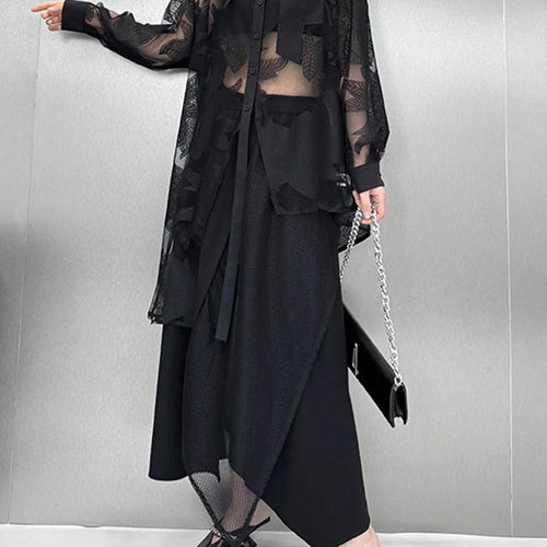 Load image into Gallery viewer, Women Black Lace Perspective Elegant Big Size Blouse New Lapel Long Sleeve Shirt Fashion Tide Spring Autumn 2025 1DJ1416
