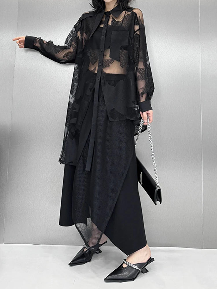 Women Black Lace Perspective Elegant Big Size Blouse New Lapel Long Sleeve Shirt Fashion Tide Spring Autumn 2025 1DJ1416