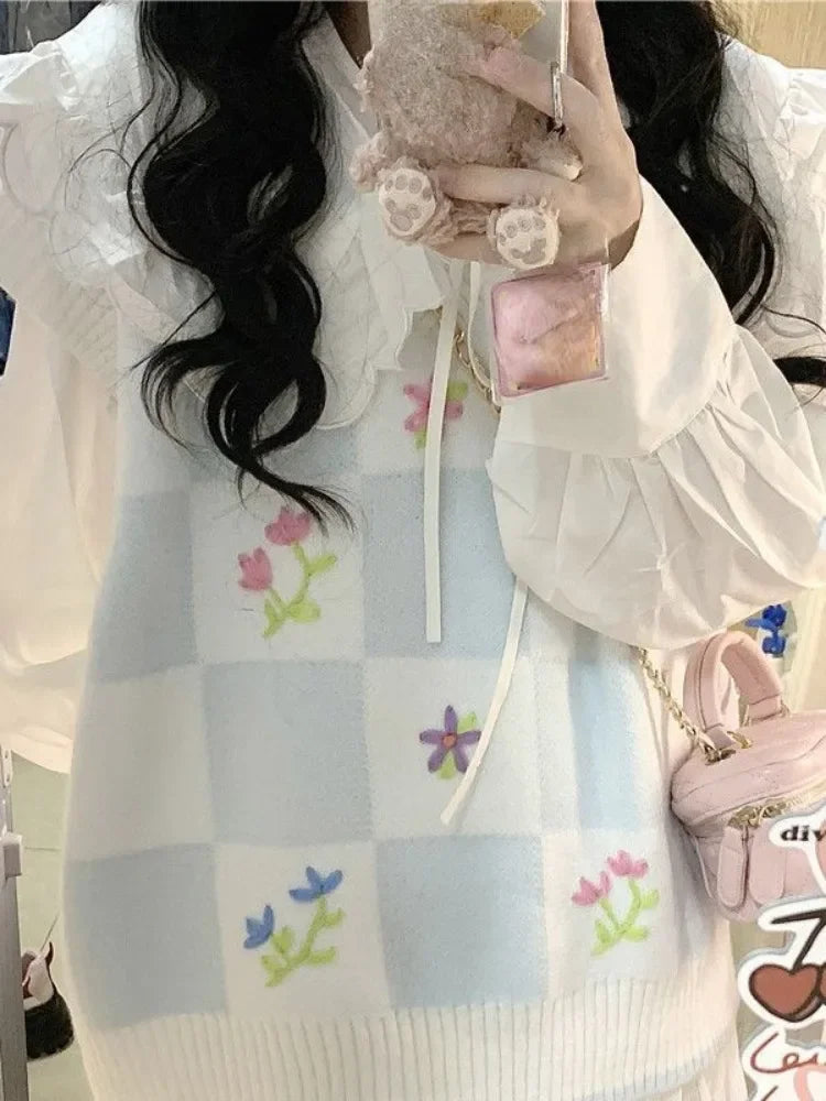 Knitted Sweater Vest for Women 2025 Y2k Aesthetic Embroidery Flower Tanks Fashion Casual Sleeveless Waistcoat Preppy Cute Tops