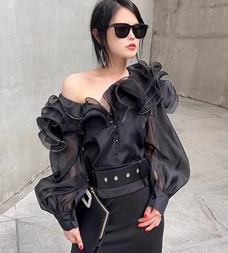 Solid Spliced Button Loose Chic Blouse For Women O Neck Long Sleeve Temperament Patchwork Ruffle Shirts Female New