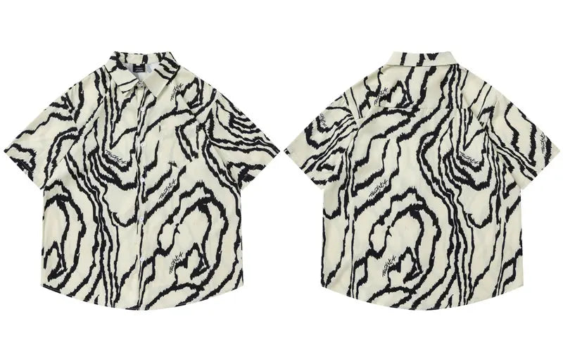 Vintage Hawaiian Shirts Irregular Stripes Graphic Printed Button Up Blouse Hip Hop Casual Baggy Short Sleeve Summer Beach Tops