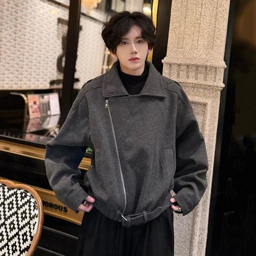 Load image into Gallery viewer, Fashion Men&#39;s Woolen Coats Turn-down Collar Hem Belt Design Solid Color Zipper Menswear Loose Thickened Jackets 9C9357
