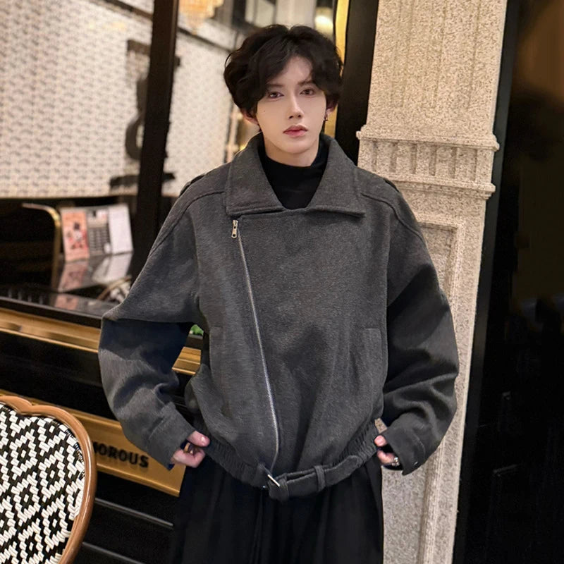 Fashion Men's Woolen Coats Turn-down Collar Hem Belt Design Solid Color Zipper Menswear Loose Thickened Jackets 9C9357
