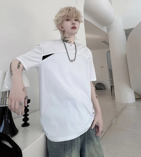 Men's T-shirts Summer Round Neck Splicing Contrast Color Nail Bead Decoration Men Short Sleeve Top 2025 Trend 9W1501