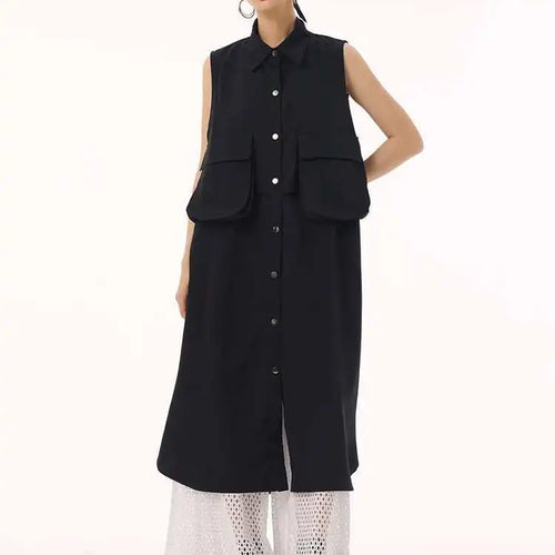 Load image into Gallery viewer, Women Black Shaped Pockets Big Size Midi Shirt Vest Dress New Lapel Sleeveless Fashion Tide Spring Autumn 2025 1DH9471

