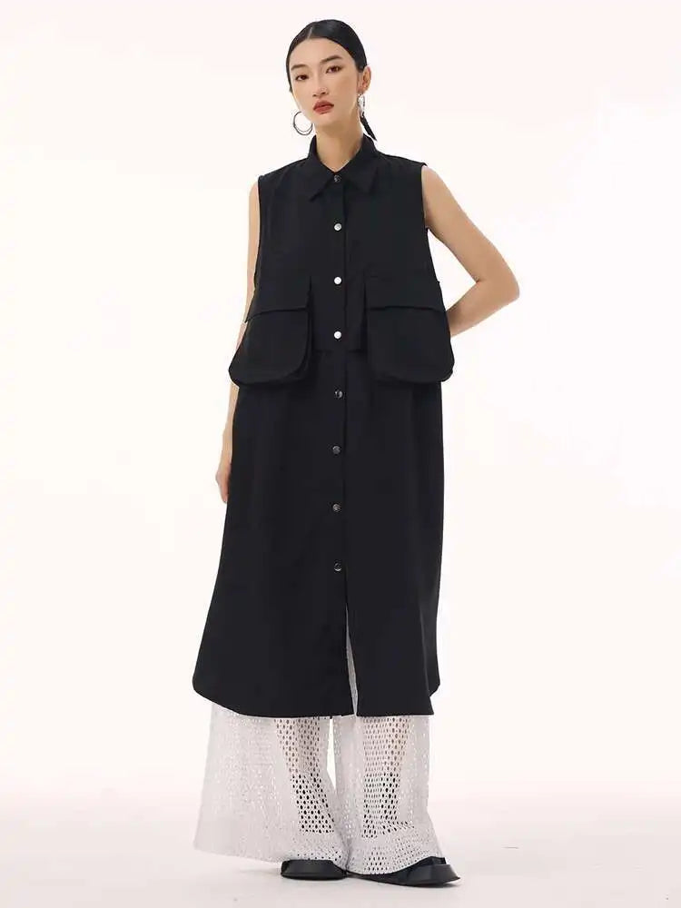 Women Black Shaped Pockets Big Size Midi Shirt Vest Dress New Lapel Sleeveless Fashion Tide Spring Autumn 2025 1DH9471