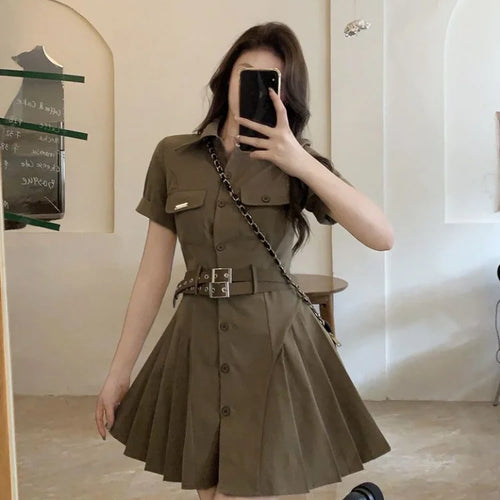 Load image into Gallery viewer, Cargo Shirt Dress Pleated Vintage Retro Streetwear Belt Mini Short Dresses Summer Sundress Outfits Female
