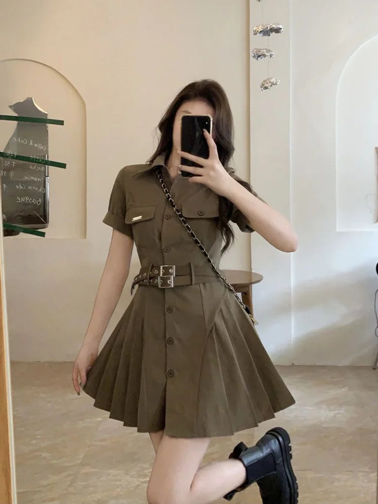 Cargo Shirt Dress Pleated Vintage Retro Streetwear Belt Mini Short Dresses Summer Sundress Outfits Female