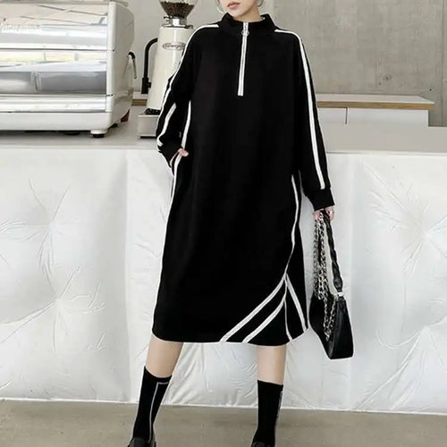Load image into Gallery viewer, Women Black Striped Spliced Zipper Big Size Midi Dress New Turtleneck Long Sleeve Fashion Tide Spring Autumn 2025 1DH6819
