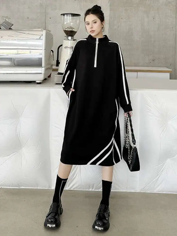 Women Black Striped Spliced Zipper Big Size Midi Dress New Turtleneck Long Sleeve Fashion Tide Spring Autumn 2025 1DH6819