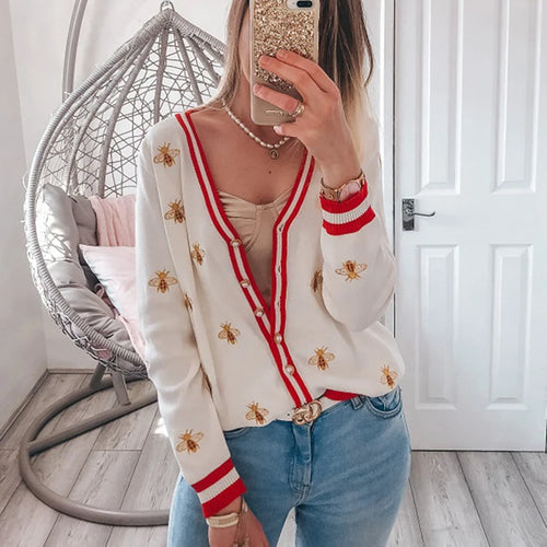 Load image into Gallery viewer, High Quality Fashion Designer Bee Embroidery Cardigan Long Sleeve Single Breasted Contrast Color Button Knitted Sweaters C-068
