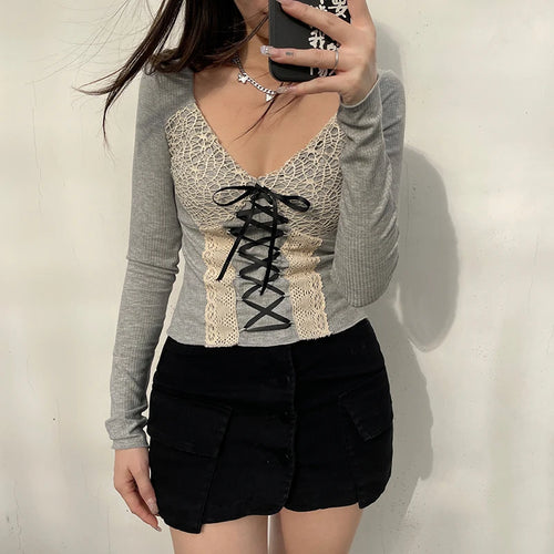 Load image into Gallery viewer, Vintage Chic Spring Autumn Tee Shirts Y2K Aesthetic Lace Spliced Slim Tie Up Cropped T-shirt Long Sleeve Girls Preppy
