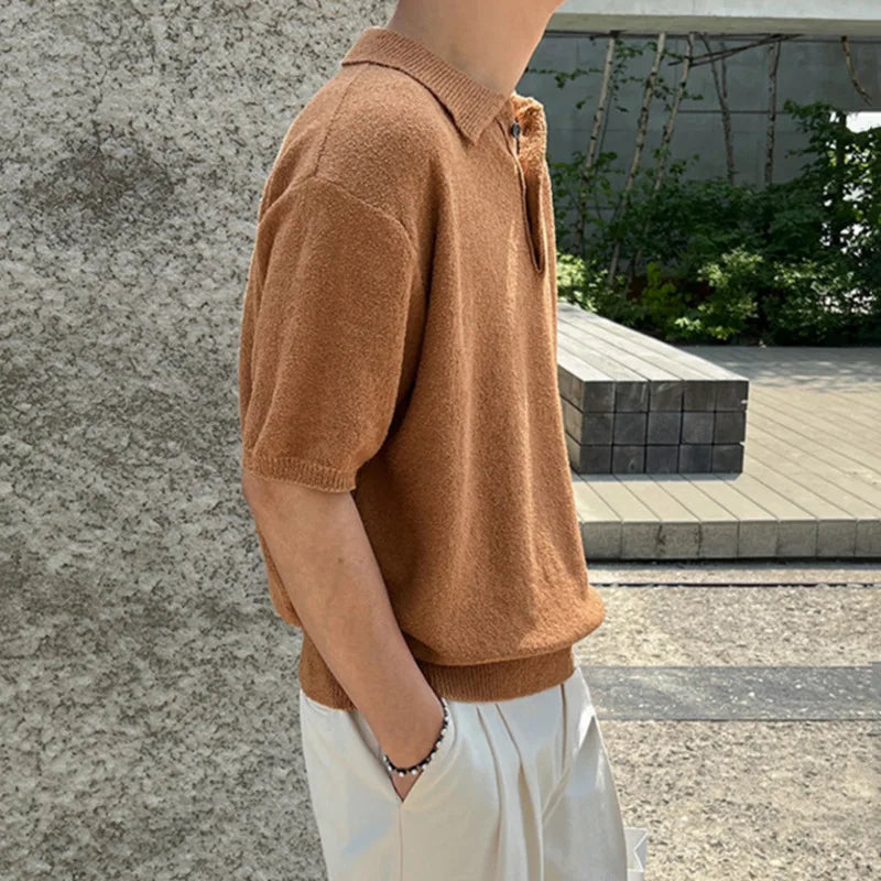 Short Leeved Men's T-shirt Korean Style  Simple Retro Kniting Lapel Trend Fashion Loose Casual Male Top 9C5632