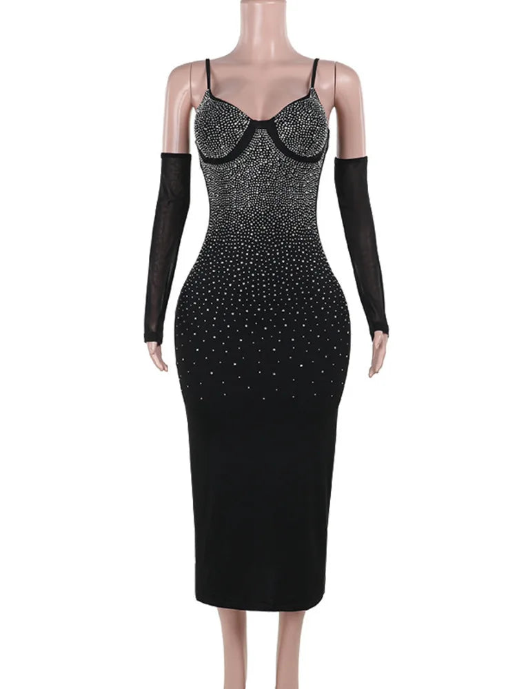 Glitter Spaghetti Strap Sexy Maxi Dress For Women Black Sparkle Off-shoulder Backless Bodycon Club Party Long Dress