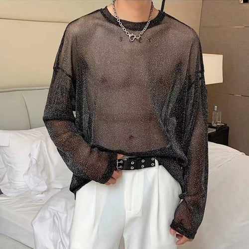 Load image into Gallery viewer, Sexy Style Men&#39;s T-shirts Casual Thin Mesh Sequin Tops Perspective Round Neck Long Sleeve Male Tees Summer 9C6639
