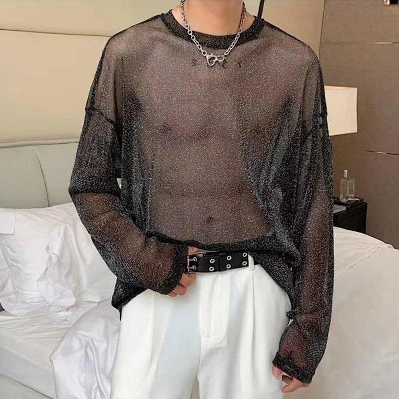 Sexy Style Men's T-shirts Casual Thin Mesh Sequin Tops Perspective Round Neck Long Sleeve Male Tees Summer 9C6639