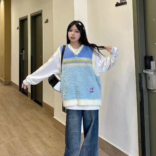 Load image into Gallery viewer, 2025 Japanese Sleeveless Sweater Vest Casual Vintage Pullovers Y2k Aesthetic Women Streetwear Grunge Striped Knitwear Waistcoat
