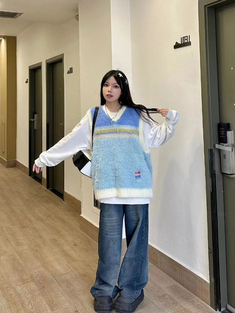 2025 Japanese Sleeveless Sweater Vest Casual Vintage Pullovers Y2k Aesthetic Women Streetwear Grunge Striped Knitwear Waistcoat